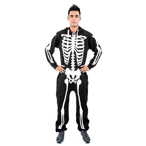 NOROZE Halloween Kostüm Onesie Mode Stilvoll Alle in Einem Overall Strampelanzug EIN Stück Pyjamas Jumpsuit Combinaison Für Herren Männer (M, Skelett Schwarz) von NOROZE