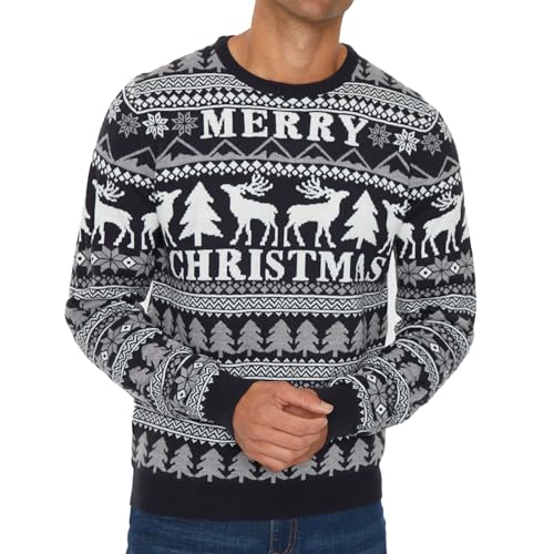 NOROZE Herren Weihnachtspullover Unisex Lustig Neuheit Faire Insel Weihnachtsmann Party Frech Hässlich Xmas Gestrick Damen Jumper Pulli (S, Fröhliche Weihnachten Marine) von NOROZE