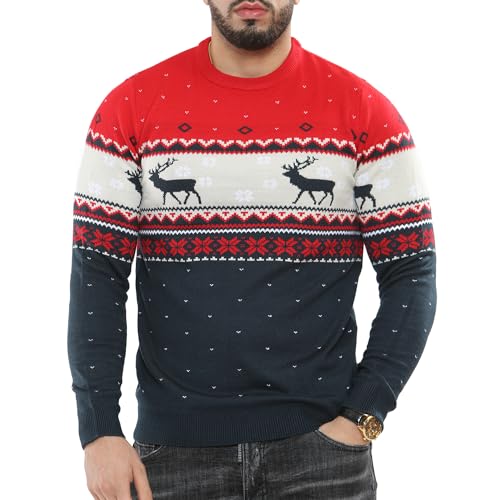 NOROZE Herren Weihnachtspullover Weihnachten Pullover Faire Insel Weihnachtsbaum Rentier Schneeflocken Hoho Neuheit Strickpullover Sweater Jumper (L, Schneeflocken Rentier Marine) von NOROZE