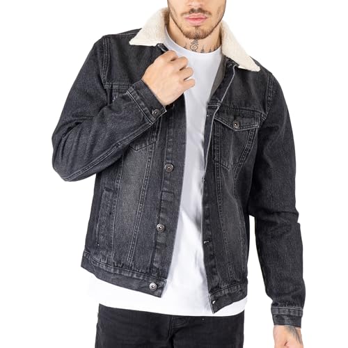 NOROZE Jeansjacke mit abnehmbarem Sherpa-Kragen klassischer Jeans-Fell-Trucker-Mantel für Herren (schwarz, M) von NOROZE