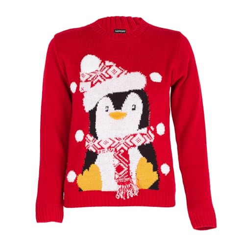 NOROZE Jungen Mädchen Unisex Weihnachten 3D Pullover Kinder Xmas Sankt Schneemann Rentier Pinguin Pullover Pulli (Penguin Rot, 7-8Jahre) von NOROZE