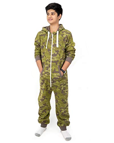 NOROZE Unisex Kinder Jungs Mädchen Azteken Fleece Kapuzen Onesie Jumpsuit (7/8 Jahre, Tarnung Khaki) von NOROZE