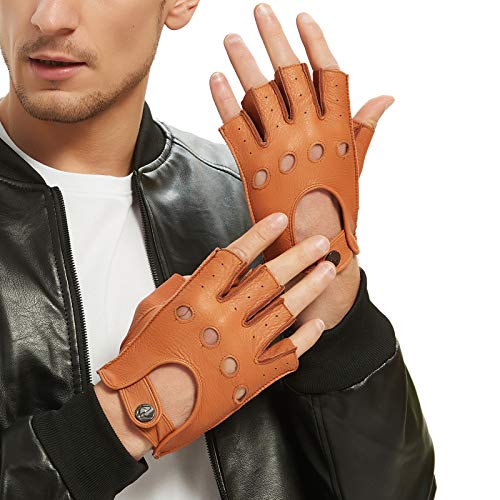 NOVBJECT Herren Fingerlose Lederhandschuhe Hirschleder Halber Finger Ungefüttert Motorrad Outdoor Autohandschuhe (Sand,M) von NOVBJECT