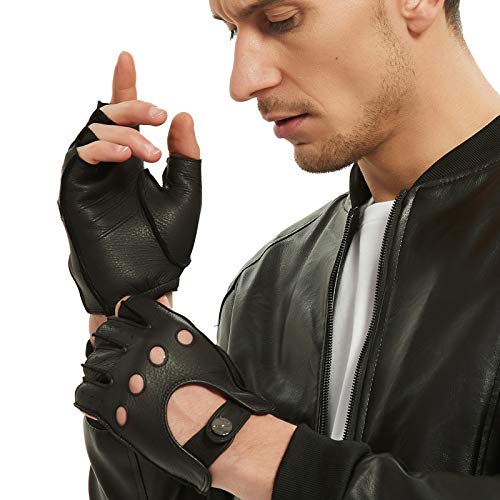 NOVBJECT Herren Fingerlose Lederhandschuhe Hirschleder Halber Finger Ungefüttert Motorrad Outdoor Autohandschuhe (Schwarz,XL) von NOVBJECT