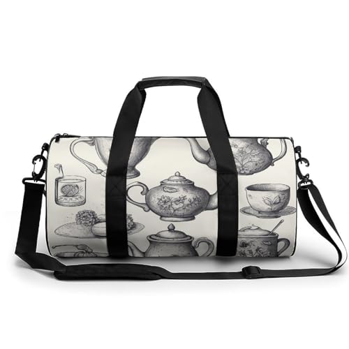 Sporttasche, handgezeichnete Teekannen und Tassen, Seesack für Männer und Frauen, Übernachtungstasche mit Schuhfach, Workout-Taschen, Handgezeichnete Teekannen und Becher, 17.7in/9in/9in, Art déco Sporttasche, handgezeichnete Teekannen und Tassen, Seesack für Männer und Frauen, Übernachtungstasche mit Schuhfach, Workout-Taschen, Handgezeichnete Teekannen und Becher, 17.7in/9in/9in, Art déco von NQLYUT