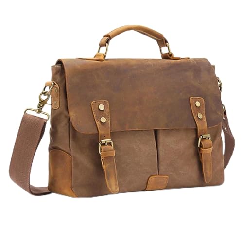 NQYZZFD Vintage Laptop-Aktentaschen Crazy Horse Leder Canvas Messenger Bags Große Kapazität Verstellbare Reisehandtasche Für Männer Und Frauen,Coffee von NQYZZFD