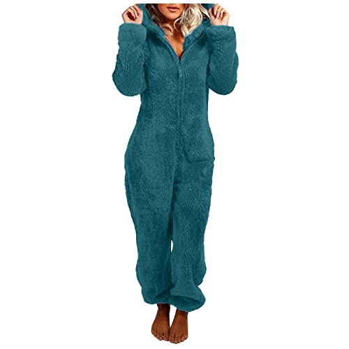 Jumpsuit Damen Kuschelig Winter Warm Overall Teddy Fleece Einteiler Onesie Schlafanzug Flauschig Weich Lang Pyjama Hausanzug Bequem Schlafoverall mit Kapuze Reißverschluss Große Größen Ganzkörperanzug von NRTOTI