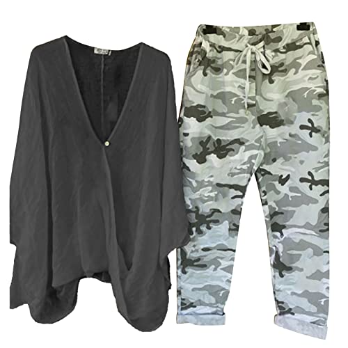 NRTOTI 2 Teiler Damen Sommer Elegant Leinenhose Festlich Zweiteiler Mode Outfit Lässiger Anzug Freizeitanzug mit Taschen Hausanzug Tracksuit Loungewear Strand Urlaub Streetwear von NRTOTI