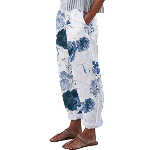 NRTOTI Sommerhose Damen Leicht Hoher Taile Leinenhose Sommer Baggy 7/8 Lose Leinen Baumwolle Hose Luftige Stoffhose Freizeithose mit Taschen Boho Strandhose Pumphose Yogahose Jogginghose Sporthose von NRTOTI