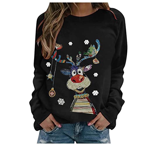 Weihnachtspullover Damen Lustig Rentier Schneemann Weihnachtsmotiv Sweatshirt Weihnachts-Shirt Baumwolle Rundhals Langarmshirt Weihnachten Pullover Oberteil Top Lässig Xmas Pulli Weihnachts Kleidung von NRTOTI