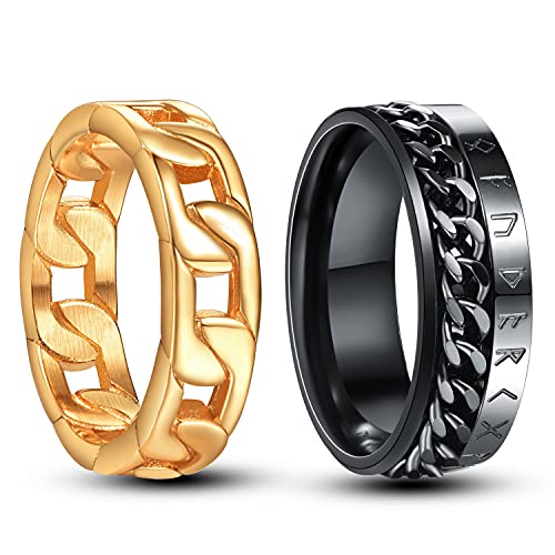 NUNCAD 2 Stück Ring Set Herren Damen Edelstahl Ring Set Gold Schwarz Drehbar Spinner Kette Ring 8mm Partnerring Größe 54.4 von NUNCAD