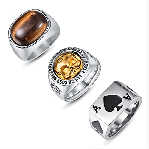 NUNCAD 3 Stück Ringe Herren aus Edelstahl Silber Totenkopf Ring Tigerauge Ring Poker Pik-Ass Ring Retro Solitaire Stein Vintage Style Signet Ring Größe 60 von NUNCAD