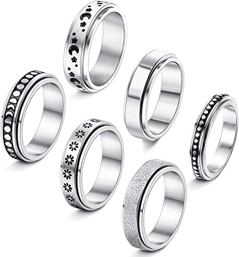 NUNCAD 6 Stück Ring Set Damen Silber Spinner Jahrestag Ring Herren Edelstahl Punk Freundschaftsring Hochglanzpoliert Größe 60 von NUNCAD