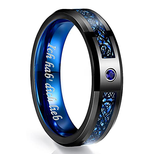 NUNCAD 6mm Keltischen Drachen Ring für Herren Damen mit Blau Kohlefaser Schwarz Wolframcarbid Partnerringe Verlobungsring Freundschaftsring Hochzeitsring Größe 56 von NUNCAD