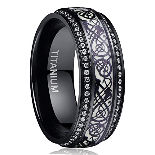 NUNCAD Damen Herren Partner Ring aus Titanstahl 316L Leuchtbar 8mm Schwarz mit Quadratischen Zirkonia und Keltischen Drachen für Verlobung Alltag Freizeit Fasching Größe 54.4 von NUNCAD