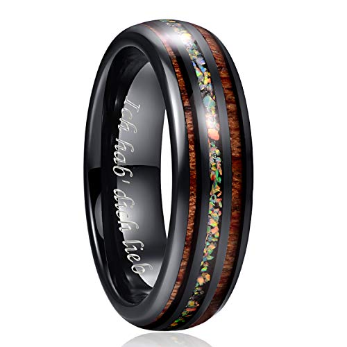 NUNCAD Damen Herren Ring Schwarz 6mm mit Feuer Opal und Koa Holz Graviert mit Ich hab' Dich lieb Wolframcarbid Ring für Partner Größe 63.4 (20.2) von NUNCAD