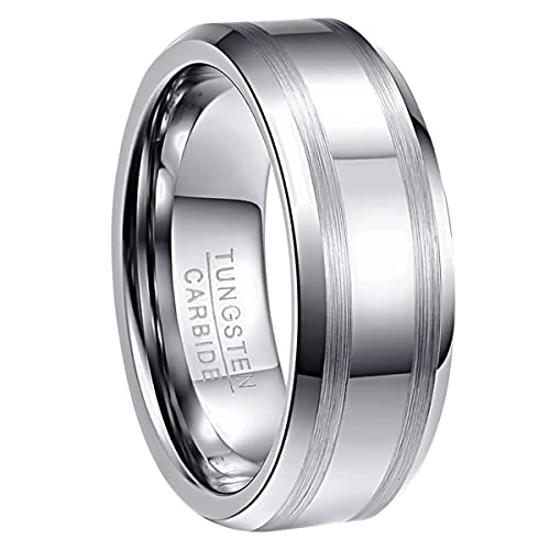 NUNCAD Damen Herren Unisex Ring aus Wolfram mit 2 Gebürsteten Streifen Silber 8mm für Geburtstag Valentinstag Alltag Hochzeit Größe 58 von NUNCAD