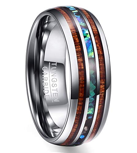 NUNCAD Ring für Herren Silber Wolframring mit Abalone Muschel 8mm Breit Holz Ring Partringe Verlobungsring Poliert Dom Größe 72(22.9) von NUNCAD