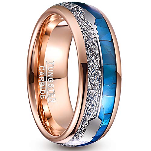 NUNCAD Roségold Ringe für Herren/Damen Wolframcarbid Ringe mit Blau Shell + Meteorit + Pfeil Inlay Unisex Partnerring als Geburtstag, Valentinstag, Jubiläum Größe 57 von NUNCAD