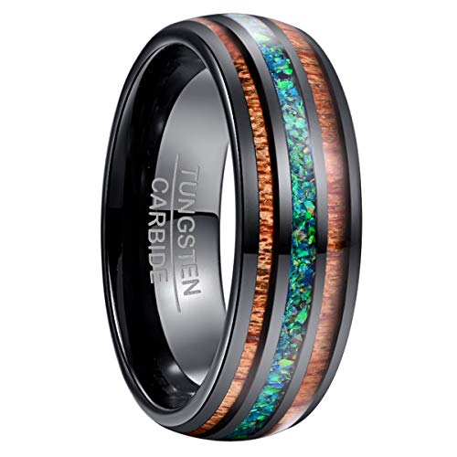 NUNCAD Mode Ringe für Herren/Damen wolframcarbid Ring Breit 8 mm mit Blaugrün Opal und Koaholz zum Mosaik schwarz als Freundschaftsring Verlobungsring Ehering Jahrestagring von NUNCAD