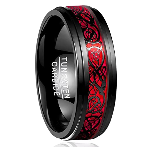 NUNCAD Ring Herren/Damen Keltische Drachen 8mm Rose Rot aus Wolframcarbid für Hochzeit Trauung Partnerschaft Events Größe 62 (19.7) von NUNCAD