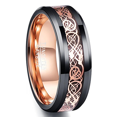 NUNCAD Herren Damen Ring Schwarz Roségold Keltischer Drachen Ring aus Wolframcarbid Trauringe Ehering Partnerringe Freundschaftsring Größe 63.4 (20.2) von NUNCAD