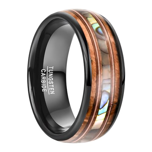 NUNCAD Ring Schwarz Herren/Damen Wolfram Holz Ring mit Abalone-Muschel und Gitarrensaiten Verlobungsring Hochzeitsring 8mm Größe 57 (18.1) von NUNCAD