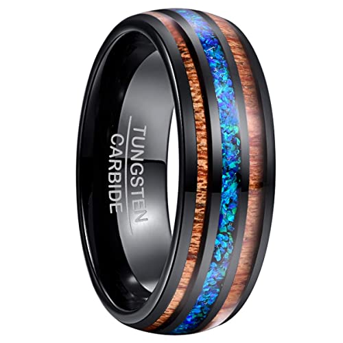 NUNCAD Luxus Ringe für Herren/Damen Wolfram Ring Breit 8 mm mit Blau Opal und Koaholz zum Mosaik schwarz als Verlobungsringe Partnerringe und Fashion Ring von NUNCAD