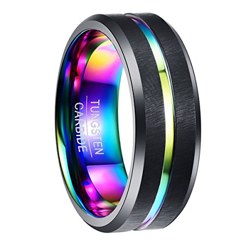 NUNCAD Schwarz Ring aus Wolframcarbid Herren Damen Regenbogen Ring für Hochzeit Schmuck Geschenk Größe 68.5 (21.8) von NUNCAD