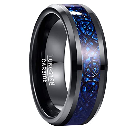 NUNCAD Herren Ring Wolfram Schwarzer keltischer Ring mit Blue Kohlefasern Freundschaftsringee Verlobungs Ringe 8mm Poliert Größe 61(19.4) von NUNCAD