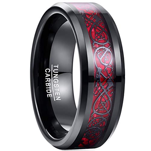 NUNCAD Unisex Ring Paare Wolfram mit Keltischen Drachen + Kohlefasern Rot für Hochzeit Valentinstag Trauung Party Größe 56(17.8) von NUNCAD