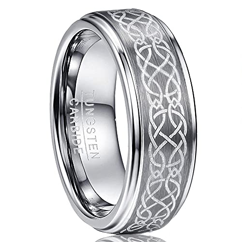 NUNCAD Wolfram Ring Herren/Damen Silber Keltisch 8mm mit keltischen Knoten Design für Hochzeit, Partnerschaft, Geburtstag und Private Anlässe, Größe 61 (19.4) von NUNCAD