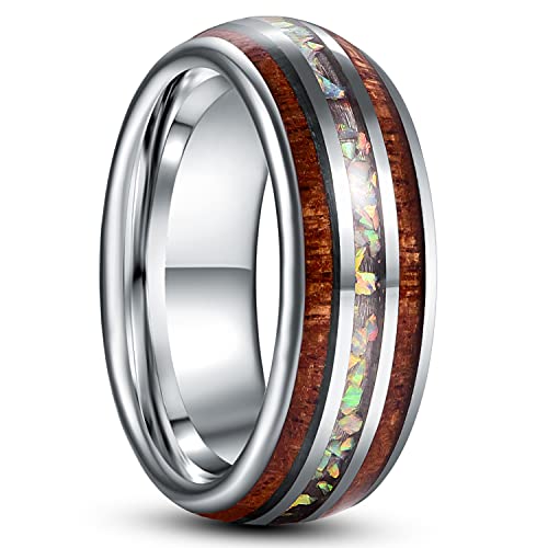 NUNCAD Wolfram Ring Herren Damen Opal Ring mit Hawaii Koa Holz Inlay 8mm Silber Ehering Größe 63.4 von NUNCAD