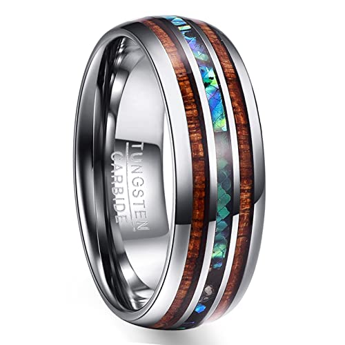 NUNCAD Wolfram Ring Herren Damen Unisex 8mm Schwarz mit Opal & Koa Holz für Hochzeit Verlobung Geschenk Lifestyle Men Fashion Größe 74 von NUNCAD