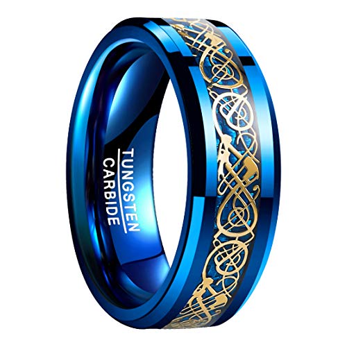 NUNCAD Ring Wolfram Herren/Damen 8mm Breit Blau Keltische Drachen mit Kohlefasern für Hochzeit Verlobung Trauung und Geburtstag Größe 65(20.7) von NUNCAD