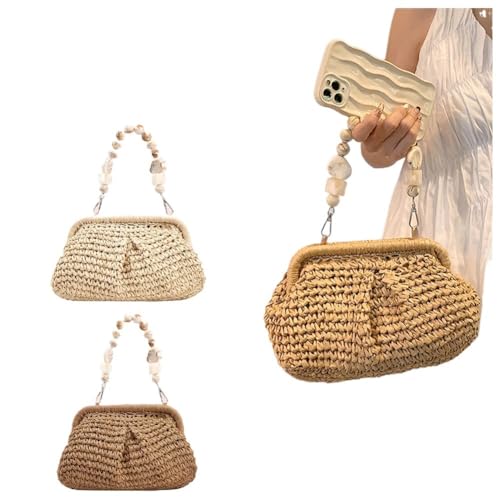 NUONUO Strohtaschen Damen Sommer Designer Strand Handtasche Hobo Kette Umhängetasche Mode Frauen Stroh Gewebte Taschen Stein Kette Kleine Eimer Tasche Strohtasche (Color : Beige) von NUONUO