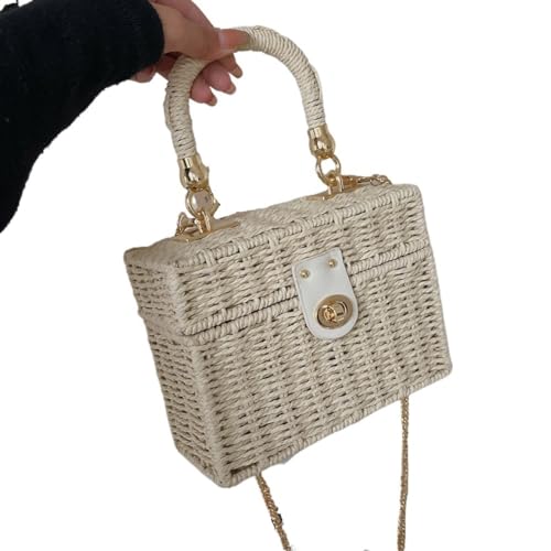 Strohtaschen Damen Rattan-Stroh-Umhängetasche for Damen, Boho, handgewebt, Korb, Messenger-Beutel, Sommer, Strand, quadratische Box, Handtasche mit Top-Griff for Damen und Mädchen Strohtasche ( Color von NUONUO