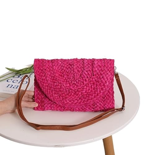 Strohtaschen Damen Stroh-Umhängetasche, handgefertigte Handtasche, gewebte Rattan-Geldbörse for Frauen, Umschlag-Geldbörse, lässige Damen-Strand-Kupplung, Umhängetasche Strohtasche ( Color : Rose pink von NUONUO