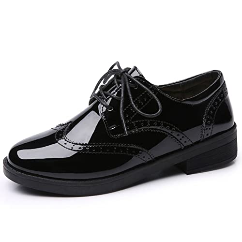 NVNVNMM Oxford-Schuhe für Damen, handgefertigt, lässig, Lackleder, flache Schuhe, Schnürschuhe, glänzend, flache Damenschuhe, Schwarz, 39 1/3 EU von NVNVNMM