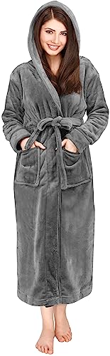 NY Threads Damen Fleece-Bademantel mit Kapuze – langer Plüsch-Bademantel, stahlgrau, Medium von NY Threads