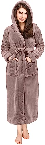 NY Threads Damen-Bademantel aus Fleece mit Kapuze, langer Plüsch-Bademantel, taupe, 42 von NY Threads