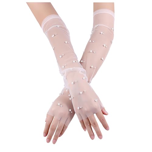 NYGGTYK 1 Paar Perlennetzhandschuhe, Perlenhandschuhe, Lange Fingerlose Handschuhe, Transparente Tüllhandschuhe, Geeignet Für Hochzeitskleid (Weiß) von NYGGTYK