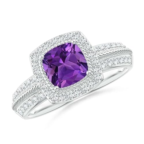 Amethyst Kissen Ring Mit Gedrehtem Seil 6,00mm Halo Ring | Sterling Silber 925 Mit Rhodinierung | Hochzeits, Jubiläums Und Verlobungskollektion (60 (19.1)) von NYZA JEWELS