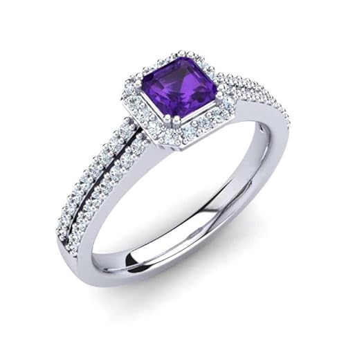 NYZA JEWELS Amethyst Quadrat 6.00 mm Ring Mit Holo Akzenten | Sterlingsilber 925 Mit Rhodinierung | Hochzeit, Jubiläumsring Für Damen (55 (17.5)) von NYZA JEWELS