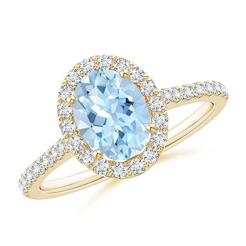 NYZA JEWELS Aquamarin Oval 7x5mm Holo Akzente Ring | Sterlingsilber 925 mit Gelbgold vergoldet | Immergrüner Designring für Mädchen und Damen (58 (18.5)) von NYZA JEWELS