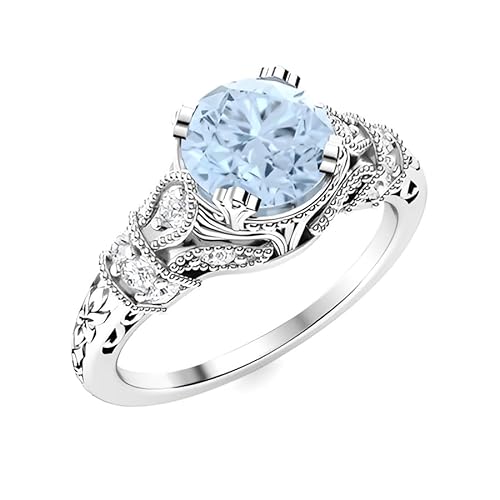 NYZA JEWELS Aquamarin runder 6,00 mm Vintage inspirierter Ring | Sterlingsilber 925 mit Rhodinierung | Wunderschöner Vintage Ring für Damen (52) von NYZA JEWELS