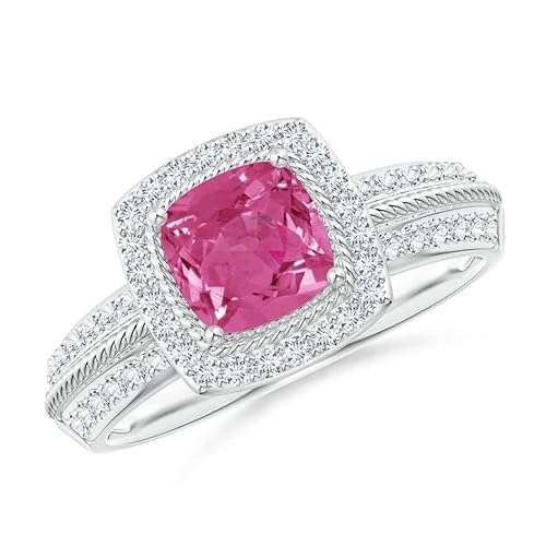 Rosa Saphir Kissen Ring Mit Gedrehtem Seil 6,00mm Halo Ring | Sterling Silber 925 Mit Rhodinierung | Hochzeits, Jubiläums Und Verlobungskollektion (60 (19.1)) von NYZA JEWELS