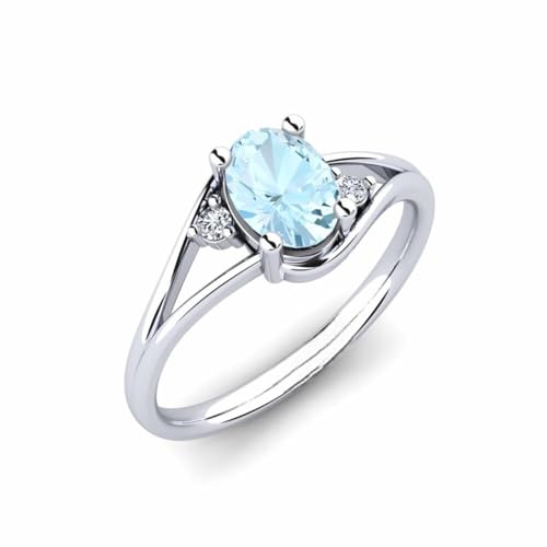 Sterling Silber 925 Aquamarin Oval 7x5mm Drei Stein Ring mit Rhodinierung | Wunderschöner Design Ring mit drei Steinen für Damen und Mädchen (50 (15.9)) von NYZA JEWELS