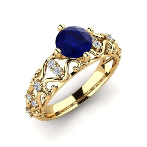 Sterling Silber 925 Blauer Saphir Rund 6.00mm Vintage Solitärring Mit Gelbgold vergoldet | Hochzeits, Jubiläums Und Verlobungskollektion (57 (18.1)) von NYZA JEWELS