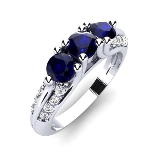 Sterling Silber 925 Blauer Saphir Runder 4,00mm drei Steine mit Rhodiumbeschichtung | Wunderschöner immergrüner Ring mit drei Steinen für alltägliche Accessoires (59 (18.8)) von NYZA JEWELS